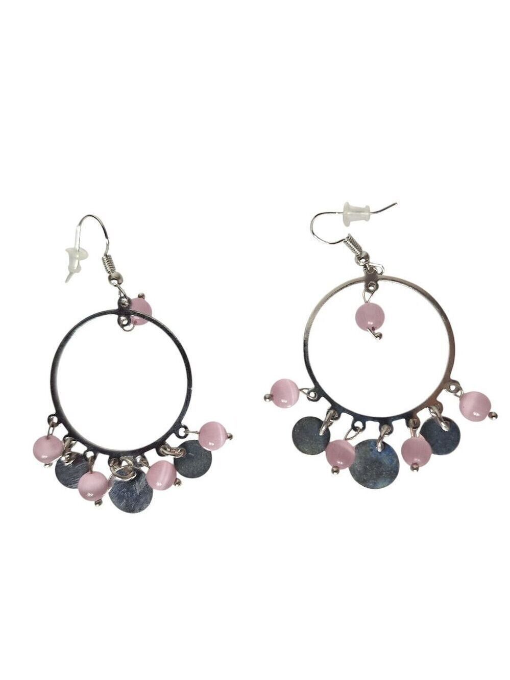 Silver Tone Hoop Earrings With Pink Beads